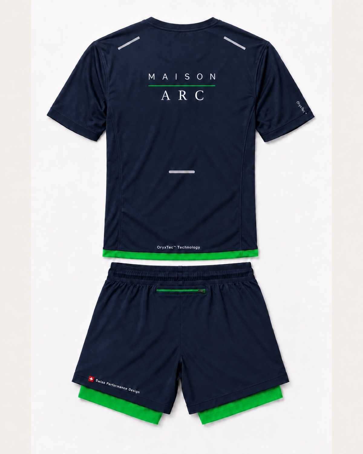 Back view of Prototype 01 men set in Navy / Green Flash