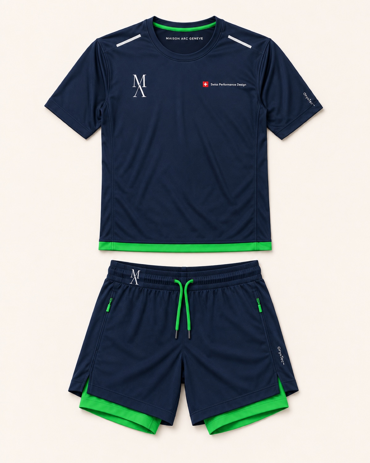 Front view of Prototype 01 men set in Navy / Green Flash