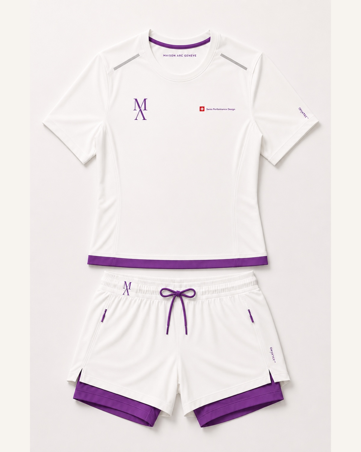 Front view of Prototype 01 women set in White / Amethyst